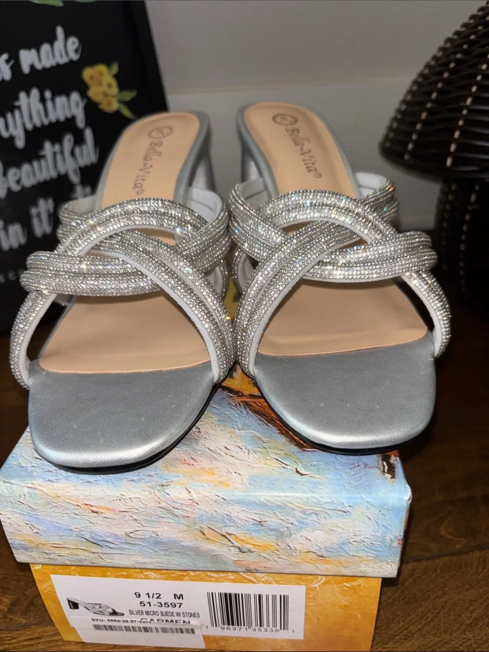 Bella Vita Silver Rhinestone Knotted Slide Heels micro suede in stones 9.5 NIB